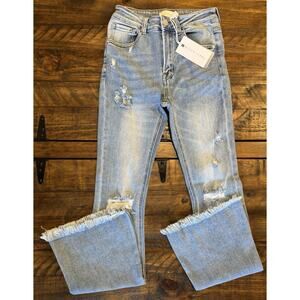 NWT Risen Jeans Mid Rise Flare Fringed Hemline Light Wash Stretch Size 5/27